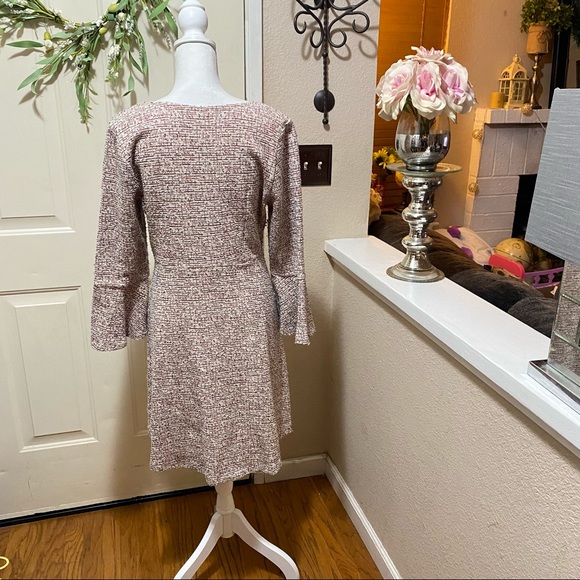 Anthropologie Red Cream Tweed Bell Sleeve V-Neck Dress - Picture 3 of 11